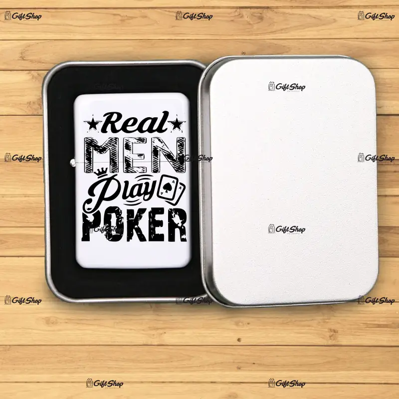 Real man play poker, bricheta metalica gravata laser cu mesaj